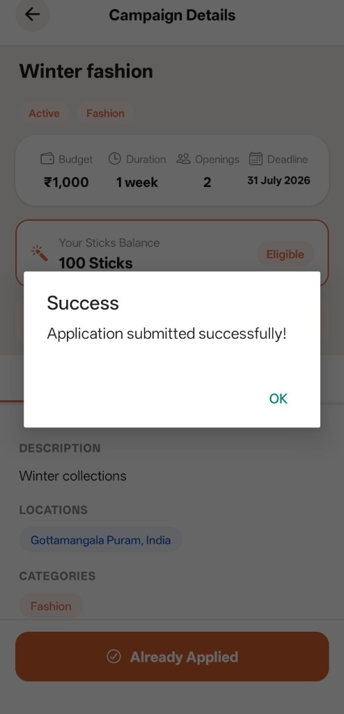 SpreadB Application Success Screen