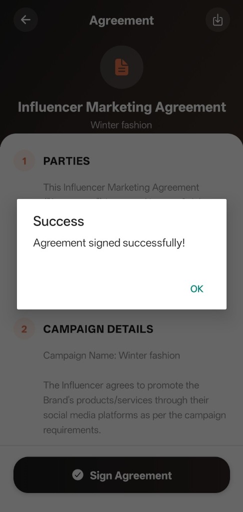 SpreadB Signed Successfully Screen