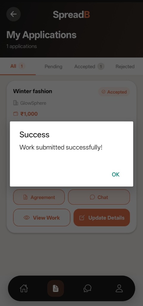 SpreadB Work Submitted Success Modal
