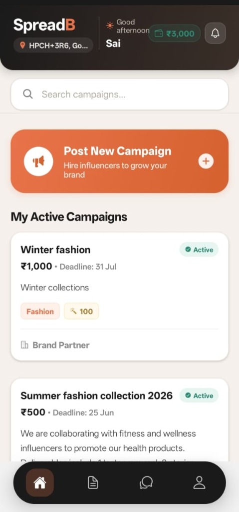 SpreadB Brand Home Active Campaigns Screen