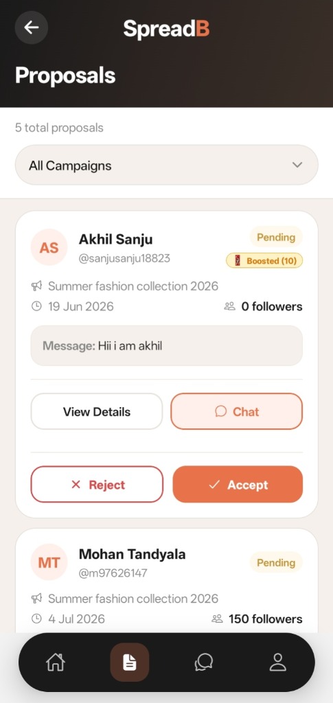 SpreadB Proposals List Screen