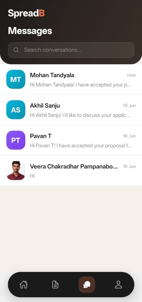SpreadB Chat Conversations List Screen