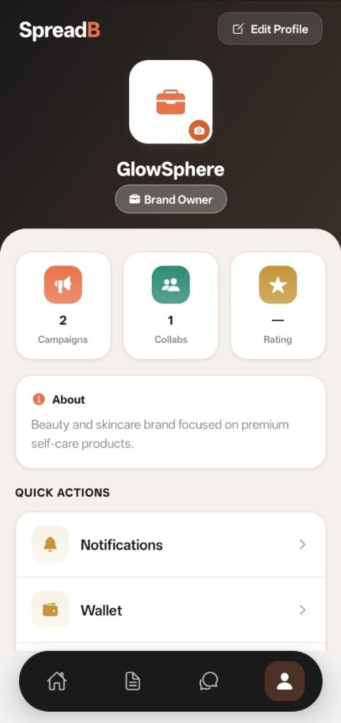 SpreadB Brand Profile Screen