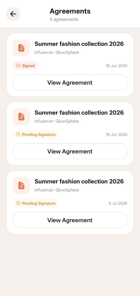 SpreadB Agreements List Screen